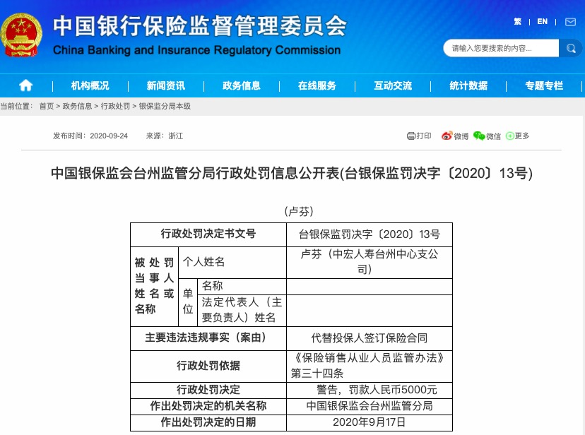 中宏人寿台州中支因代替投保人签订保险合同被罚
